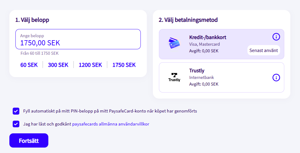 Summor du kan välja på Paysafecard